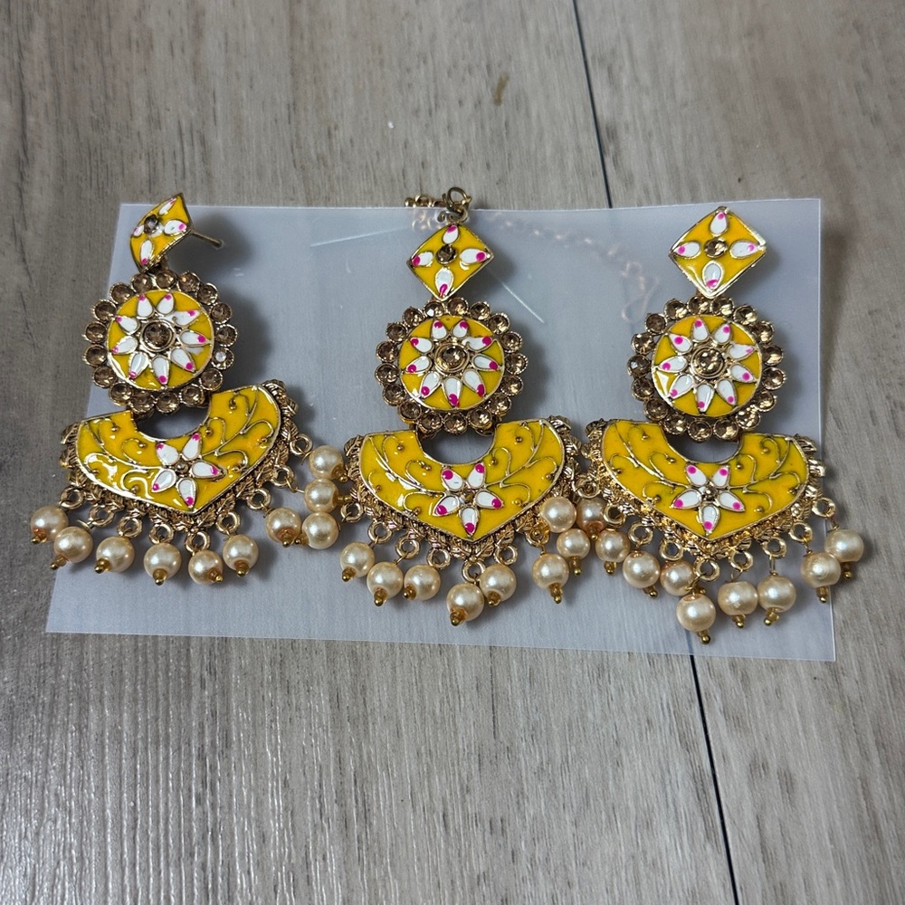 Gold & Yellow Traditional Jhumka/Chandbali Earrings with Pearls